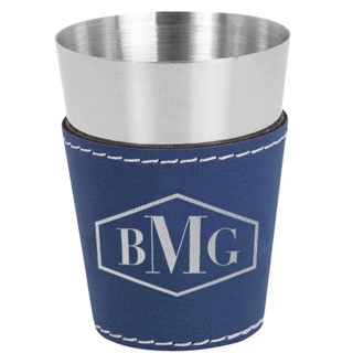 This is a multicolorassorted-colors groomsmen gifts by Papel Custom Design called engraved leather & stainless steel shot glass pair in standard