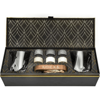 This is a black groomsmen gifts by ROCKS Whiskey Chilling Stones called the connoisseur's set - twist glass edition in standard