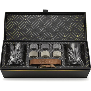 This is a black groomsmen gifts by ROCKS Whiskey Chilling Stones called the connoisseur's set - palm glass edition in standard