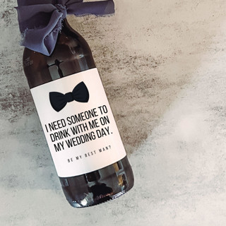 This is a white groomsmen gifts by The Pretty Little Mess called set of 6 best man beer bottle labels | need someone to drink with me on my wedding day in standard