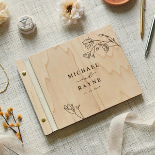 This is a beige guest books by Katrina Mejia called boho floral wedding guest book | maple wood | 8.5 x 11 in standard