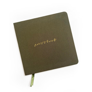 This is a orange guest books by Jessica Cunningham called linen fabric wedding guest book | gold foil on olive green linen in standard