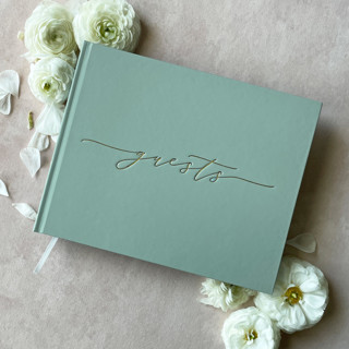 This is a green guest books by Barbara Gregory called sage green minimalist guest book in standard