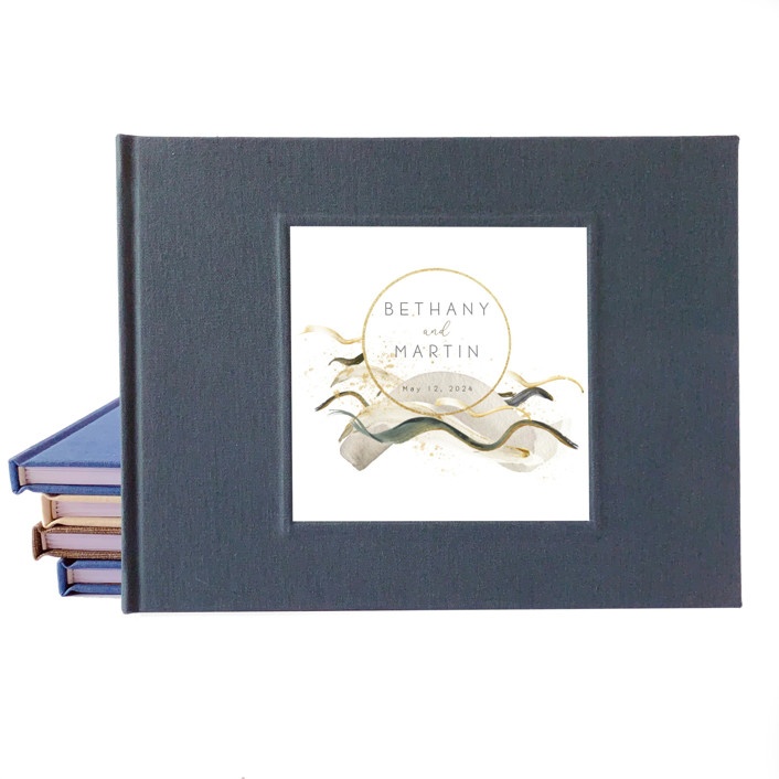 Custom Wedding Guest Book · Golden Watercolor Splash · Dark Gray Linen