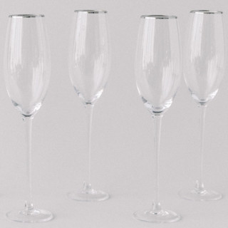 This is a clear wedding drinkware by borrowed BLU called set of 4 - siren stemware // champagne flute in clear+platinum in standard