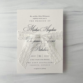 This is a white wedding ribbon by Honey Silks Co called lace ribbon - delicate white - 1" x 5 yards in standard