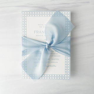 This is a blue wedding ribbon by Honey Silks Co called 2" signature sheer ribbon - powder blue in standard