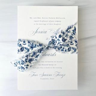 This is a blue wedding ribbon by Honey Silks Co called 1" cotton ribbon - navy vintage floral in standard