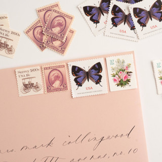 This is a purple stamps by Flourish Fine Writing called bridgerton garden postage set // set of 5 // $1.85 in postage in standard