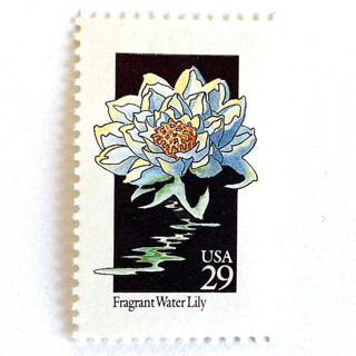 This is a blue stamps by Heritage Post House called fragrant water lily postage stamps | american wildflower series | light blue flower | botanical | vintage unused usps postage 29c | pack of 10 in standard