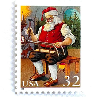 This is a red stamps by Jennifer Kramer called “santa building a sled” postage stamps | santa and children set | contemporary christmas series | vintage unused usps postage 32c | pack of 10 in standard