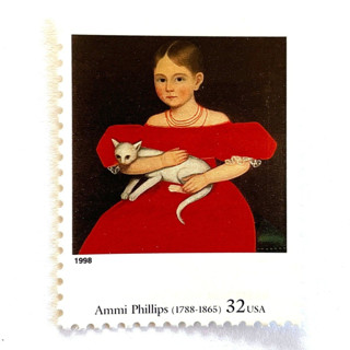 This is a red stamps by Heritage Post House called ammi phillips' girl in red dress with cat and dog postage stamps | four centuries of american art series | wedding stamps | vintage unused usps postage 32c | pack of 10 in standard