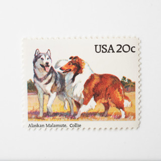 This is a beige stamps by Flourish Fine Writing called 20 cent alaskan malamute & collie postage stamps // set of 10 // unused in standard