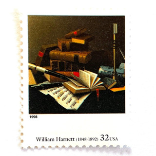 This is a multicolor stamps by Heritage Post House called william harnett's music and literature postage stamps | four centuries of american art series | wedding stamps | vintage unused usps postage 32c | pack of 10 in standard