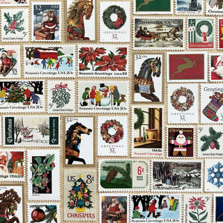 This is a red stamps by Kristen Melchor called 78 cents . holiday vintage postage stamp variety pack . set of 5 in standard