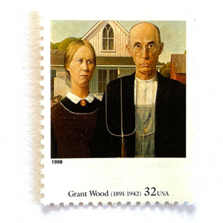 This is a beige stamps by Heritage Post House called grant wood's american gothic postage stamps | four centuries of american art series | farm | wedding stamps | vintage unused usps postage 32c | pack of 10 in standard