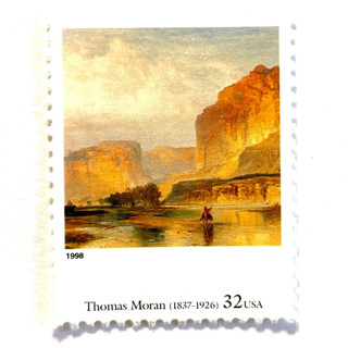 This is a beige stamps by Jennifer Kramer called thomas moran's "cliffs of green river" postage stamps | four centuries of american art series | vintage unused usps postage 32c | pack of 10 in standard