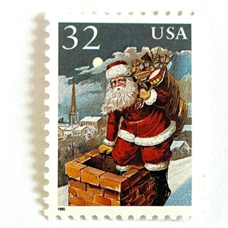 This is a red stamps by Jennifer Kramer called “santa & chimney” postage stamps | santa and children set | contemporary christmas series | vintage unused usps postage 32c | pack of 10 in standard