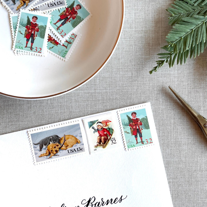 Holiday Kids and Puppies Vintage Postage Set | Christmas Stamps | Each Set Will Mail a 1 oz Letter | 10 Sets (30 Stamps Total)