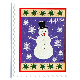This is a purple stamps by Jennifer Kramer called winter holidays “snowman” postage stamps | contemporary christmas series | vintage unused usps postage 44c | pack of 10 in standard