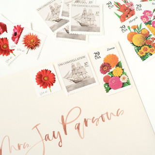 This is a red stamps by Flourish Fine Writing called pink and orange fall botanical vintage postage set // set of 5 // 2 ounce envelope // $1.07 in postage per set in standard