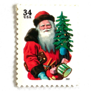 This is a red stamps by Jennifer Kramer called winter holidays "santa with red hat" and christmas tree postage stamps | contemporary christmas series | vintage unused usps postage 34c | pack of 10 in standard