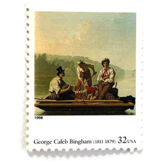 This is a beige stamps by Heritage Post House called george caleb bingham's boatmen on the missouri postage stamps | four centuries of american art series | boating | wedding stamps | vintage unused usps postage 32c | pack of 10 in standard