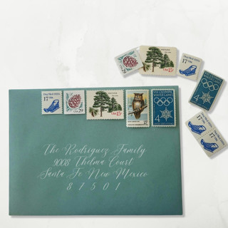 This is a blue stamps by The Silver Stamps called holiday vintage postage set | winter wonderland | one ounce | set of 5 in standard