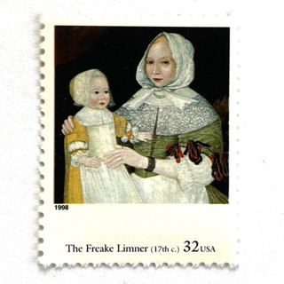 This is a black stamps by Heritage Post House called the freake limner's mrs. elizabeth freake and baby mary postage stamps | four centuries of american art series | mother and child | wedding stamps | vintage unused usps postage 32c | pack of 10 in standard
