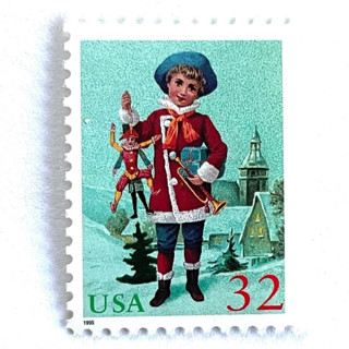 This is a green stamps by Jennifer Kramer called “child with jumping jack” postage stamps | santa and children set | contemporary christmas series | vintage unused usps postage 32c | pack of 10 in standard