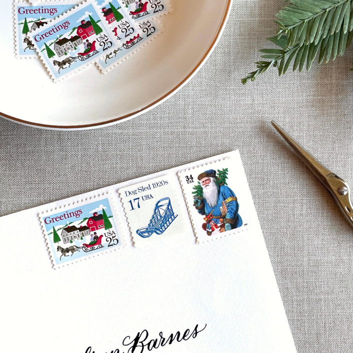 Christmas Blue Sled Vintage Postage Sets | Each Set Will Mail a 1 oz Letter | 10 Sets (30 Stamps Total)