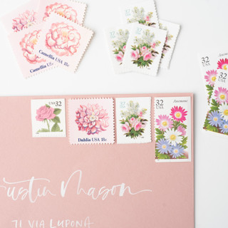 This is a pink stamps by Flourish Fine Writing called pretty in pink postage set // set of 5 // $1.19 in postage per set in standard
