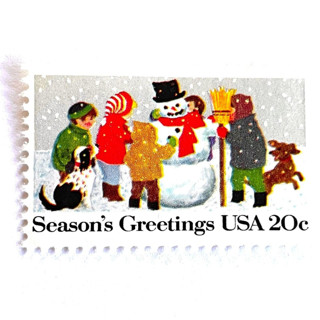 This is a multicolor stamps by Heritage Post House called "building a snowman" postage stamps | contemporary christmas series | unused usps postage 20c | pack of 10 in standard