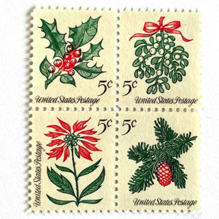 This is a green stamps by Jennifer Kramer called set of 4 “christmas issue se-tenant” stamps | contemporary christmas series | vintage unused usps postage 5c | pack of 10 sets | 40 individual stamps in standard