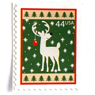 This is a green stamps by Jennifer Kramer called winter holidays “reindeer” postage stamps | contemporary christmas series | vintage unused usps postage 44c | pack of 10 in standard