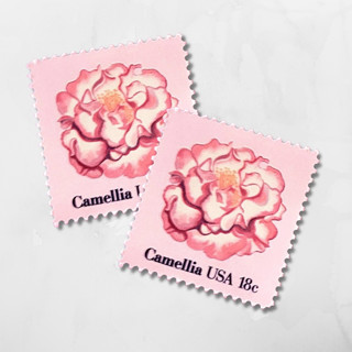This is a pink stamps by The Silver Stamps called camellia | vintage stamp, 18 cents, 1981 | 5 each in standard