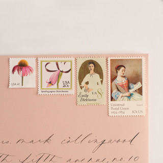 This is a pink stamps by Flourish Fine Writing called romantic spring vintage postage set // set of 5 // 79 cents in standard