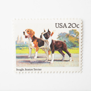 This is a beige stamps by Flourish Fine Writing called 20 cent beagle & boston terrier postage stamps // set of 10 // unused in standard