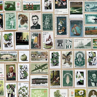 This is a green stamps by Kristen Melchor called $1.07 . green vintage postage stamp variety pack . set of 5 in standard