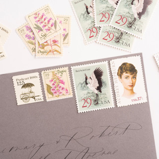 This is a pink stamps by Flourish Fine Writing called romantic & classic garden postage set // set of 5 // $1.075 in postage in standard