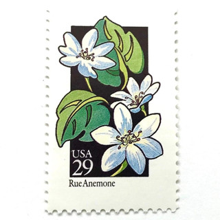 This is a white stamps by Heritage Post House called rue anemone postage stamps | american wildflower series | white flower | botanical | vintage unused usps postage 29c | pack of 10 in standard
