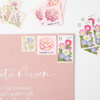 This is a pink stamps by Flourish Fine Writing called summer gardens postage set // set of 5 // $.79 in postage per set in standard