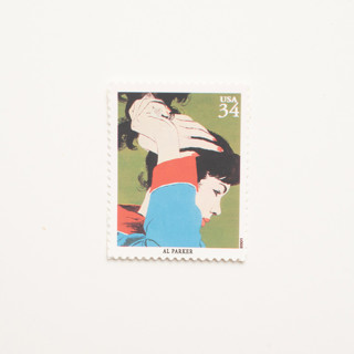 This is a green stamps by Flourish Fine Writing called 34 cent al parker, "woman combing her hair" postage stamps // set of 10 // unused in standard