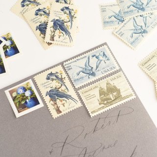 This is a blue stamps by Flourish Fine Writing called blue and neutral preserving wetlands postage set // set of 5 // $1.23 in postage in standard