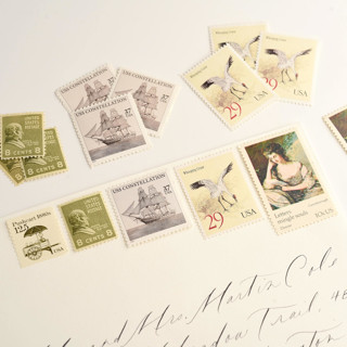 This is a green stamps by Flourish Fine Writing called green and neutral art and gardens postage set // set of 5 // $.965 in postage in standard