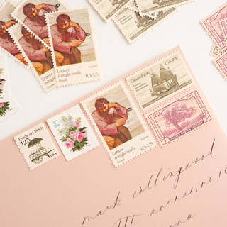 This is a pink stamps by Flourish Fine Writing called blush and neutral vintage postage set // set of 5 // 82.5 cents in postage in standard