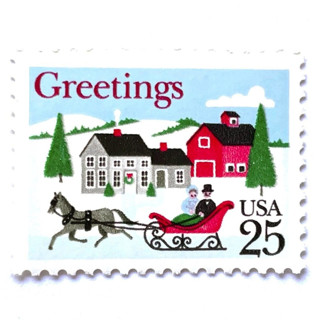 This is a multicolor stamps by Heritage Post House called "sleigh and village scene" postage stamps | contemporary christmas series | unused usps postage 25c | pack of 20 in standard