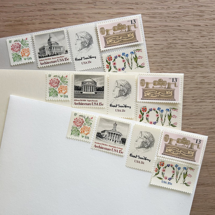 76 cents . Floral Love vintage postage stamps . Set of 5