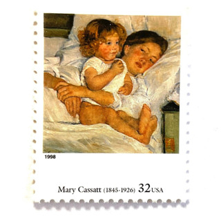 This is a natural stamps by Jennifer Kramer called mary cassatt's "breakfast in bed" postage stamps | four centuries of american art series | vintage unused usps postage 32c | pack of 10 in standard
