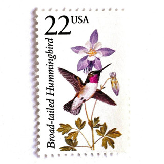 This is a purple stamps by Heritage Post House called broad-tailed hummingbird postage stamps | north american wildlife series | birds | wedding stamps | vintage unused usps postage 22c | pack of 10 in standard